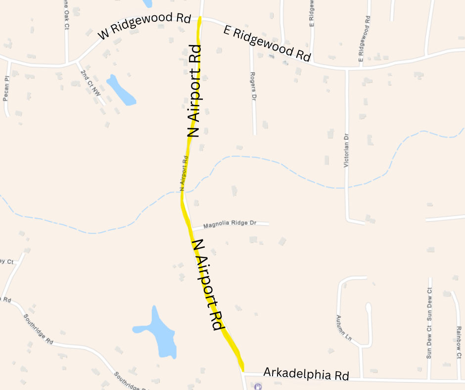 N Airport Rd temporary closure between Arkadelphia Rd and W Ridgewood Rd