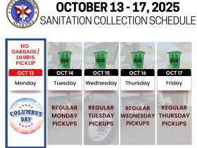 Columbus day week sanitation pickup schedule. Garbage delayed by one day for the week.