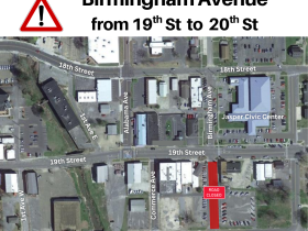 Map showing temporary road closure of a portion of Birmingham Avenue, between 19th and 20th Streets