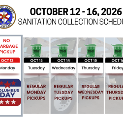 Columbus Day Week trash pickup schedule. No Pickup Monday. All pickups delayed by one day starting on Tuesday.