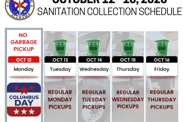Columbus day week sanitation pickup schedule. Garbage delayed by one day for the week, starting on Tuesday.