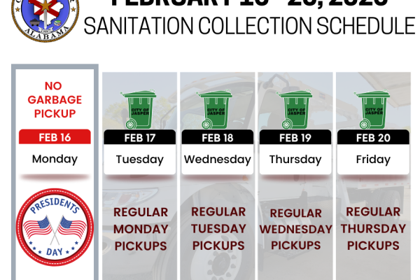 Presidents Day 2026 pickup schedule calendar graphic