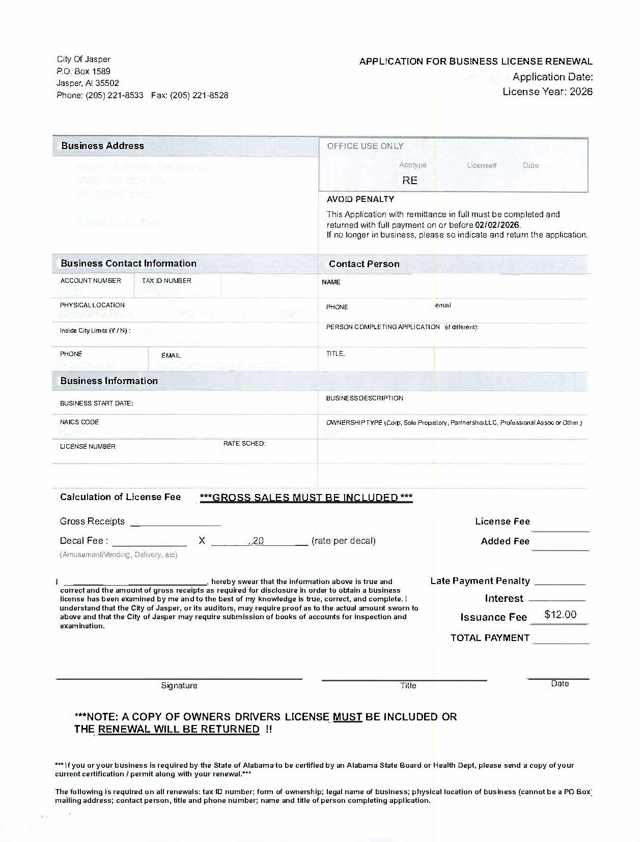 2026 Business License Renewal Form